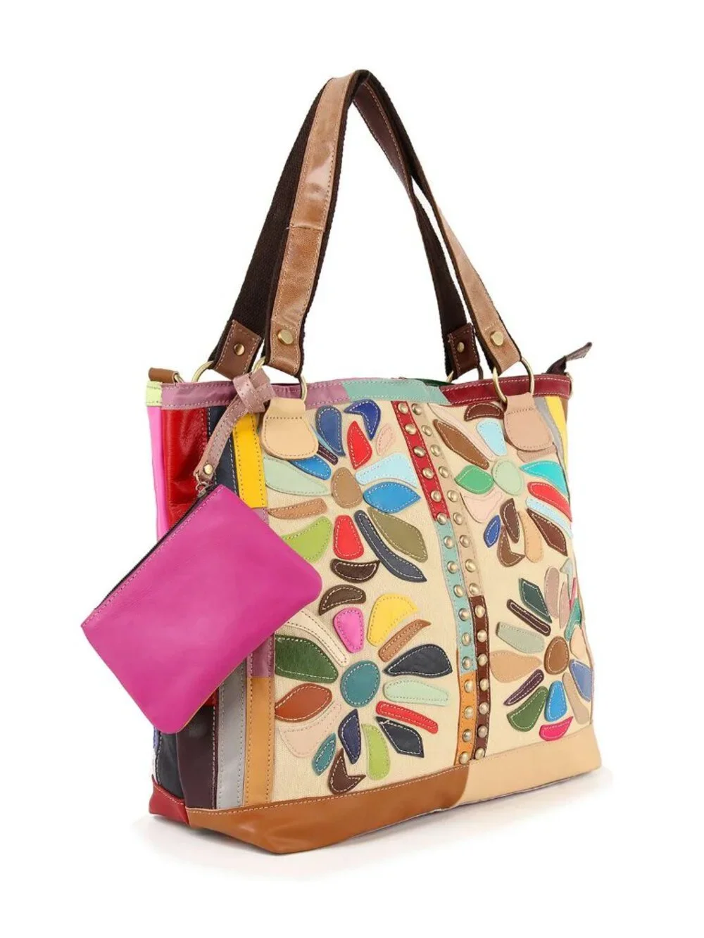 NWT Genuine Leather Colorful Floral Patchwork Oversized Tote Set  Description